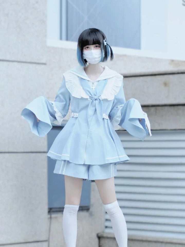 Jirai Kei Set Up Blue Lace Dress And Shorts Set 37046:761468