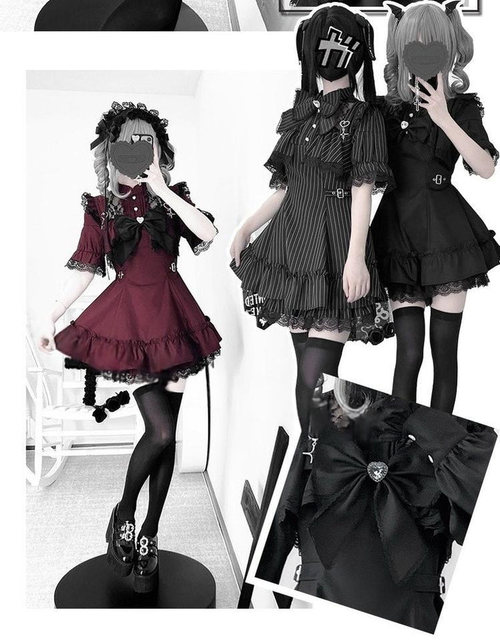 Jirai Kei Dress Set with Large Bow & Lace Hollow-out Detail 42814:755651