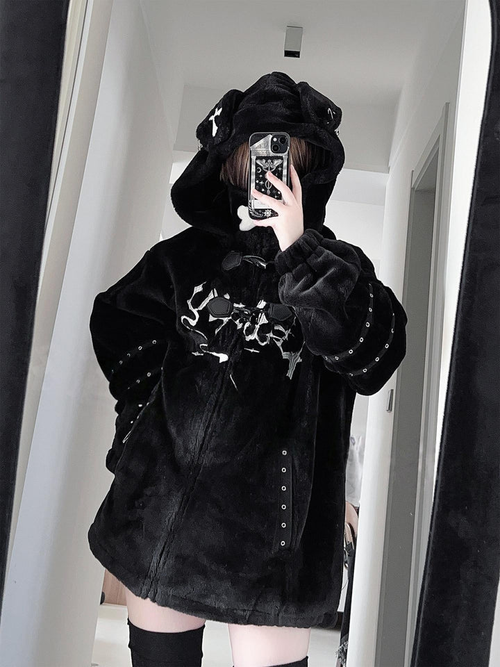 Y2K Black Hooded Coat, Puppy Ear Accents 44416:807602