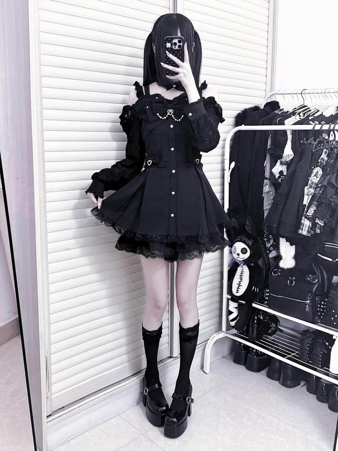 Jirai Kei Open-Shoulder Dress, Lace Sleeves 44417:807607
