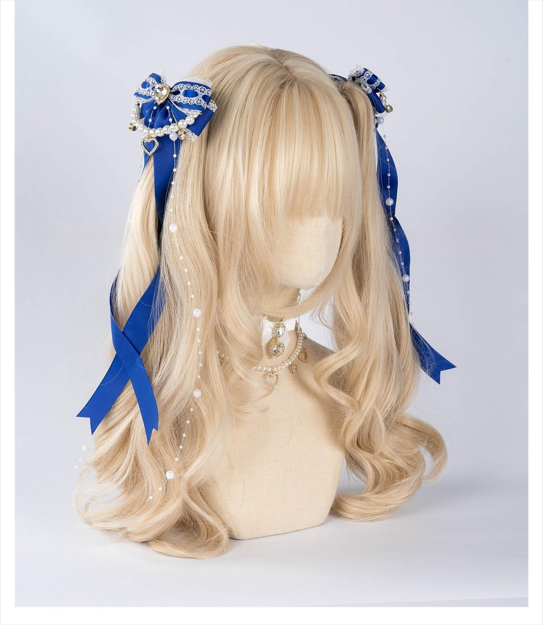 Jirai Kei Bow Hair Clip, Heart Rhinestone, Pearl Chain, Lace Trim 43501:778522