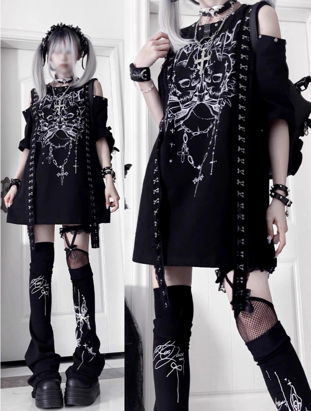 Open-Shoulder Subculture Cotton T-Shirt 43872:789431
