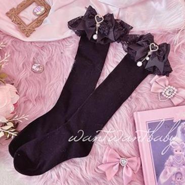Jirai Kei Socks Black White Pink Blue Bow Lace Socks 21754:320624