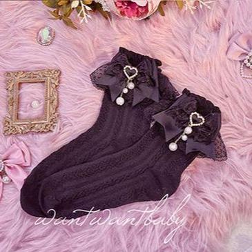 Jirai Kei Socks Black White Pink Blue Bow Lace Socks 21754:320664