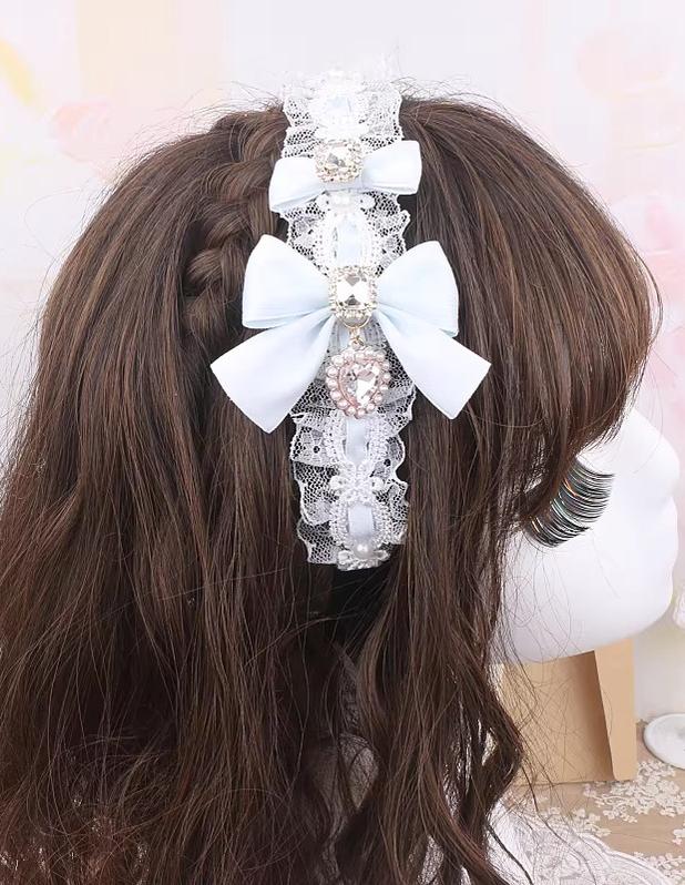 Jirai Kei Lace & Ribbon Headband, Heart-Shaped Rhinestone 45076:837745