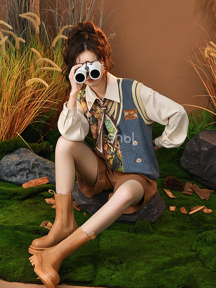 Mori Kei Clothing Set Retro Shirt Academy Vest Casual Shorts 39286:618850