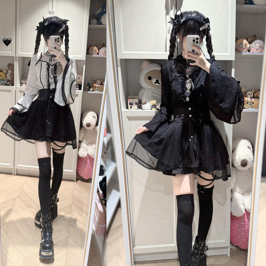 Jirai Kei Lace Blouse and Jacquard Skirt, Hime Sleeves 43943:792469