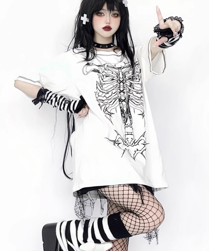 Gothic T-shirt Punk Ribbone Print Top Drop-Shoulder Shirt 39132:614774