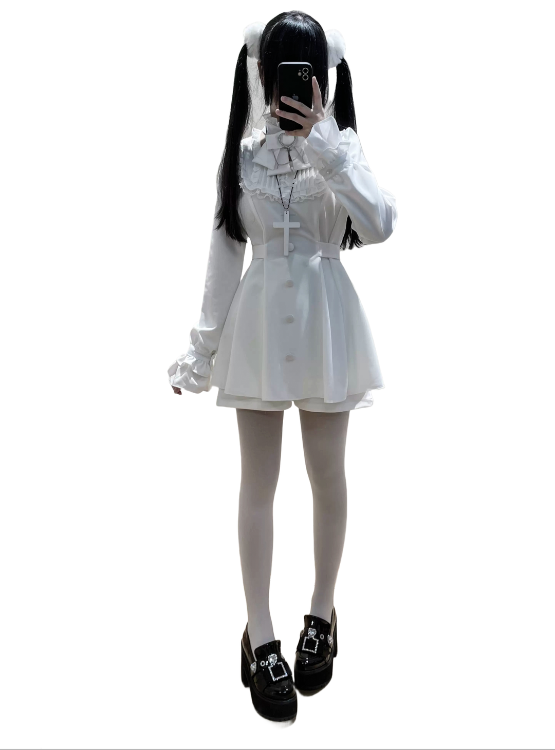 Jirai Kei Set Up Lace Embroidered Waist-cinching Dress (2XL 3XL 4XL L M S XL XS / White) 33722:582664
