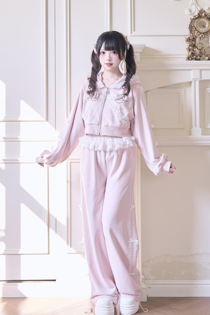Sport Jirai Kei Hoodie Jacket Pants and Skirt with Lace Detail 42521:752321