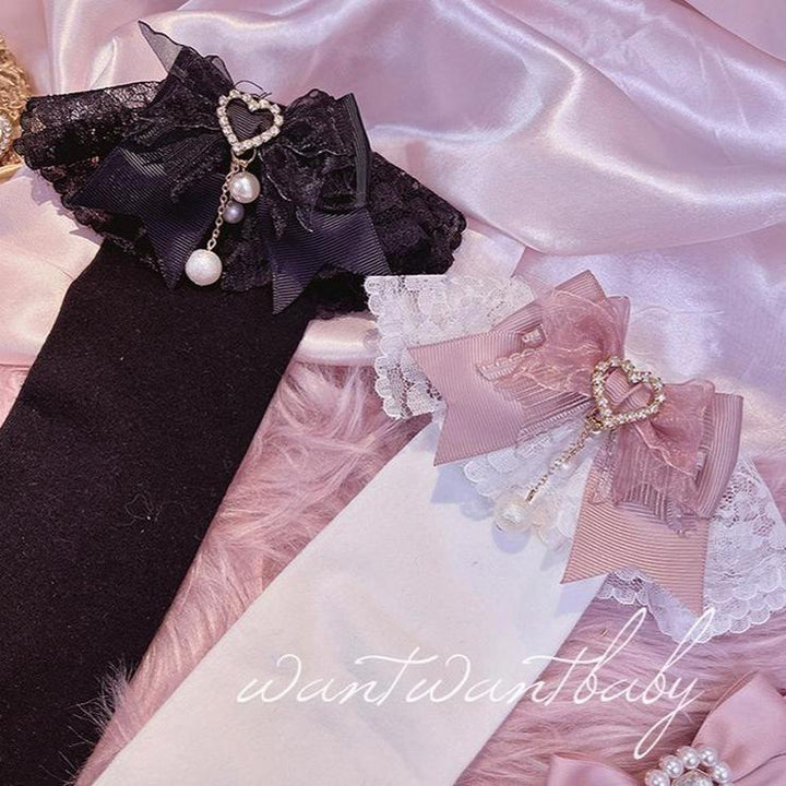 Jirai Kei Socks Black White Pink Blue Bow Lace Socks 21754:320636