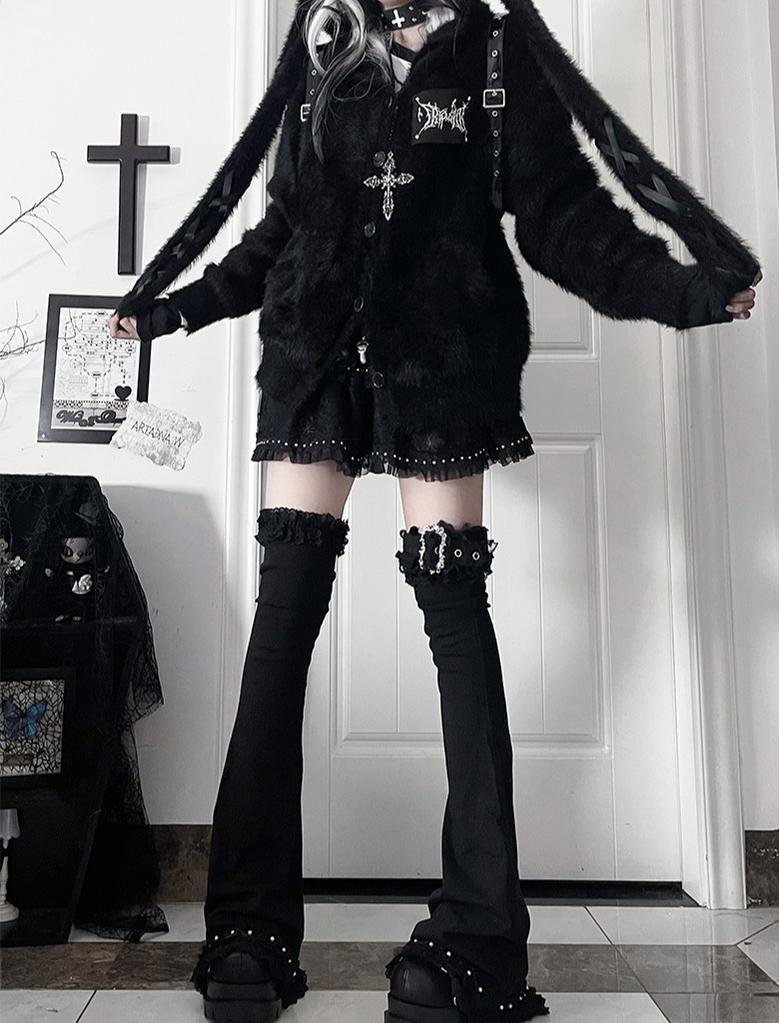 White/Black Knitted Coat, Long Bunny Ear Hood 44334:804910