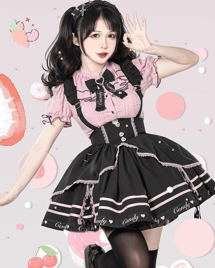 Pink Jirai Kei Short-sleeved Blouse, Puffy Sleeves 22780:342680