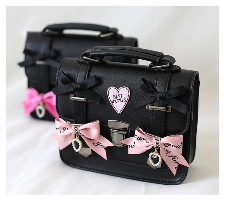 Black Jirai Kei Bag Leather Shoulder Bag With Bows And Rhinestone 33802:449846