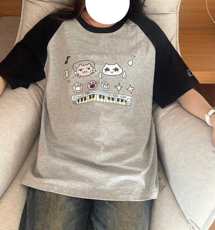 Kawaii Cat Print Shirt Cotton Short Sleeve T-shirt 35688:499414 35688:499414