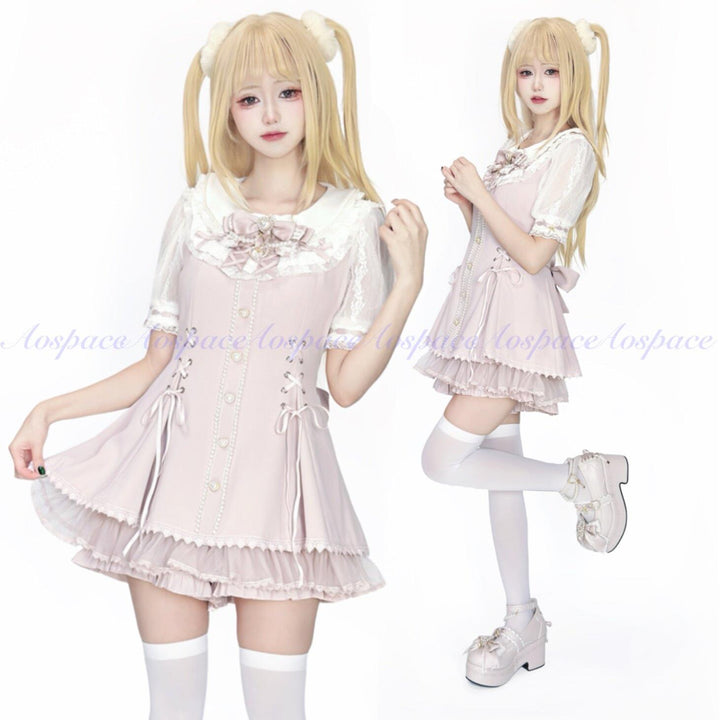 Jirai Kei Lace-Sleeved Dress, Elastic Shorts 44759:824556