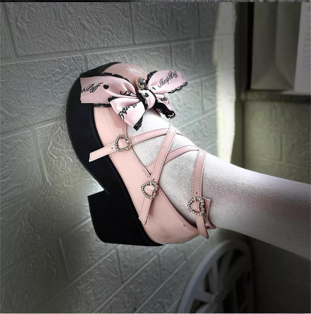 Jirai Kei Shoes Black Pink Platform Shoes Bow Buckle Shoes 21984:351180