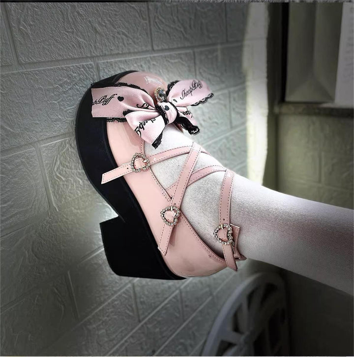 Jirai Kei Shoes Black Pink Platform Shoes Bow Buckle Shoes 21984:351180