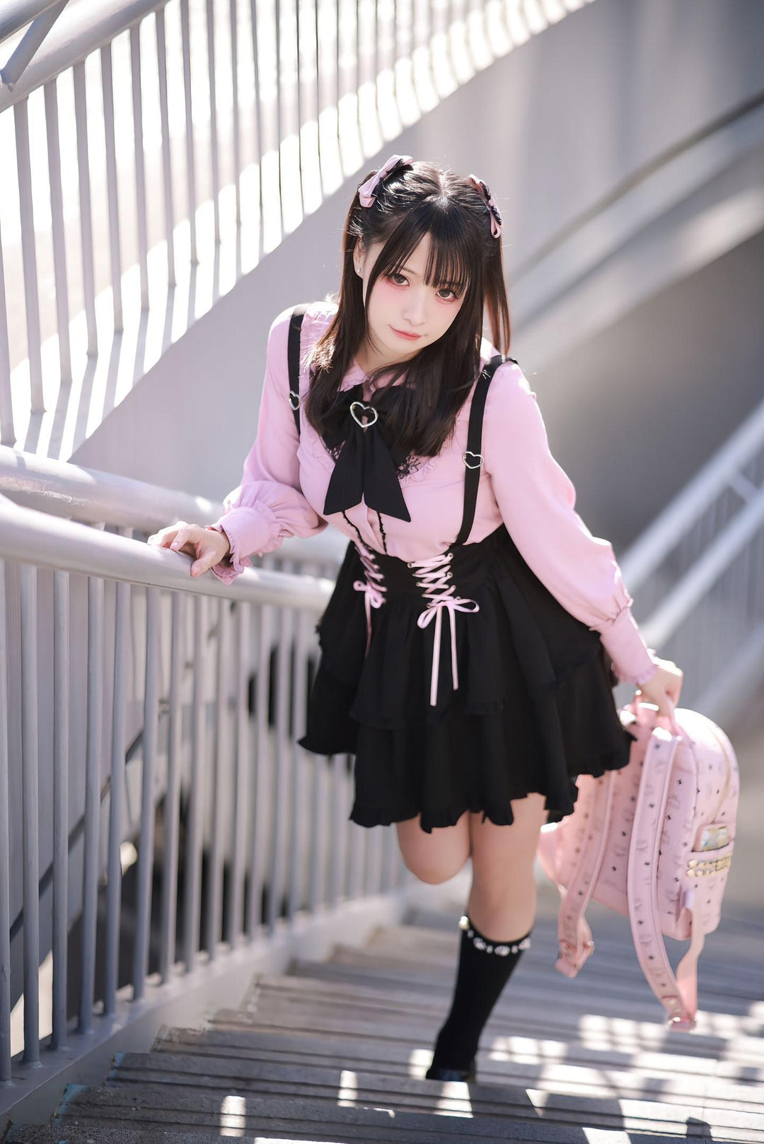 Pink Jirai Kei Blouse, Black Lace Up Skirt 21832:760690