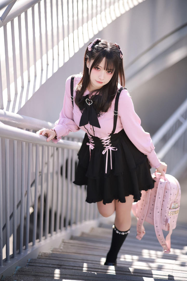 Pink Jirai Kei Blouse, Black Lace Up Skirt 21832:760690