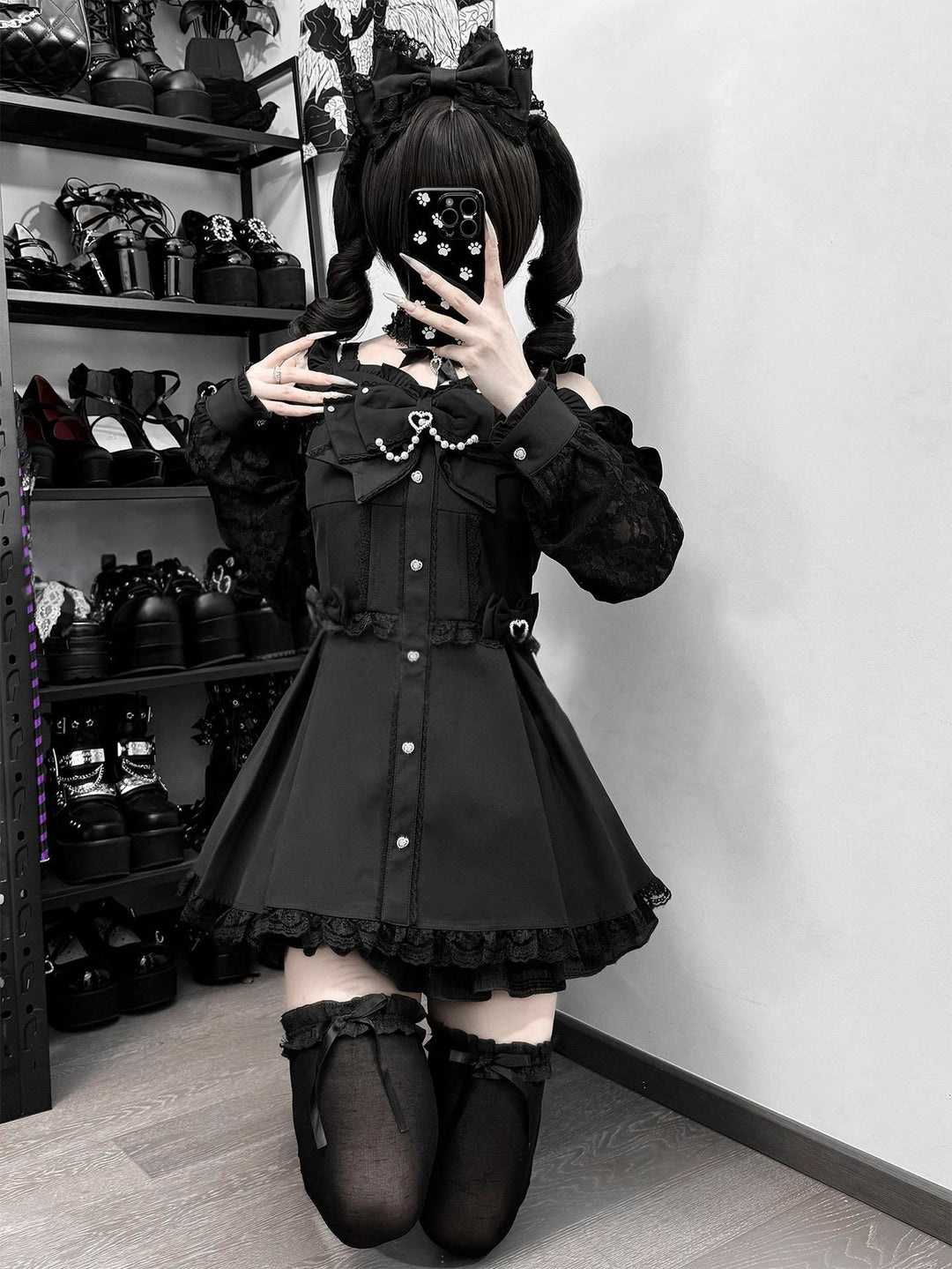 Jirai Kei Open-Shoulder Dress, Lace Sleeves 44417:807604