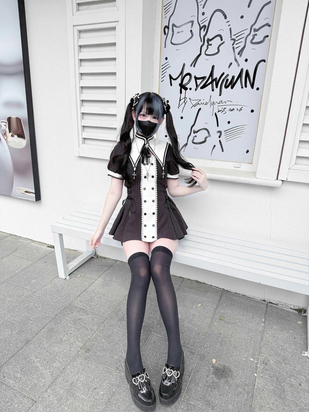 Striped Jirai Kei Set Up, Detachable Collar, Long/Short Sleeve Styles 43401:775830