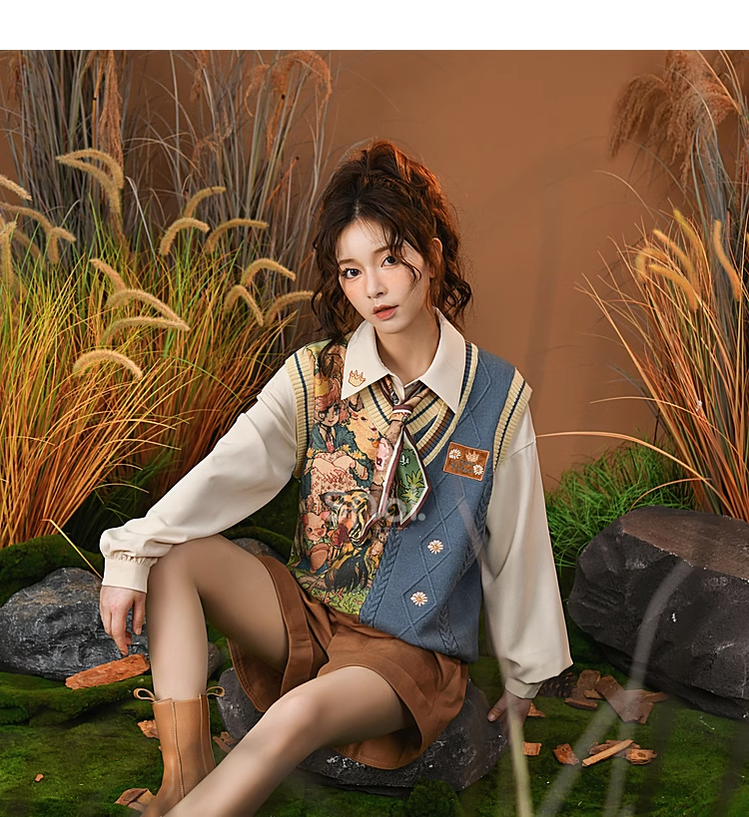 Mori Kei Clothing Set Retro Shirt Academy Vest Casual Shorts 39286:618848