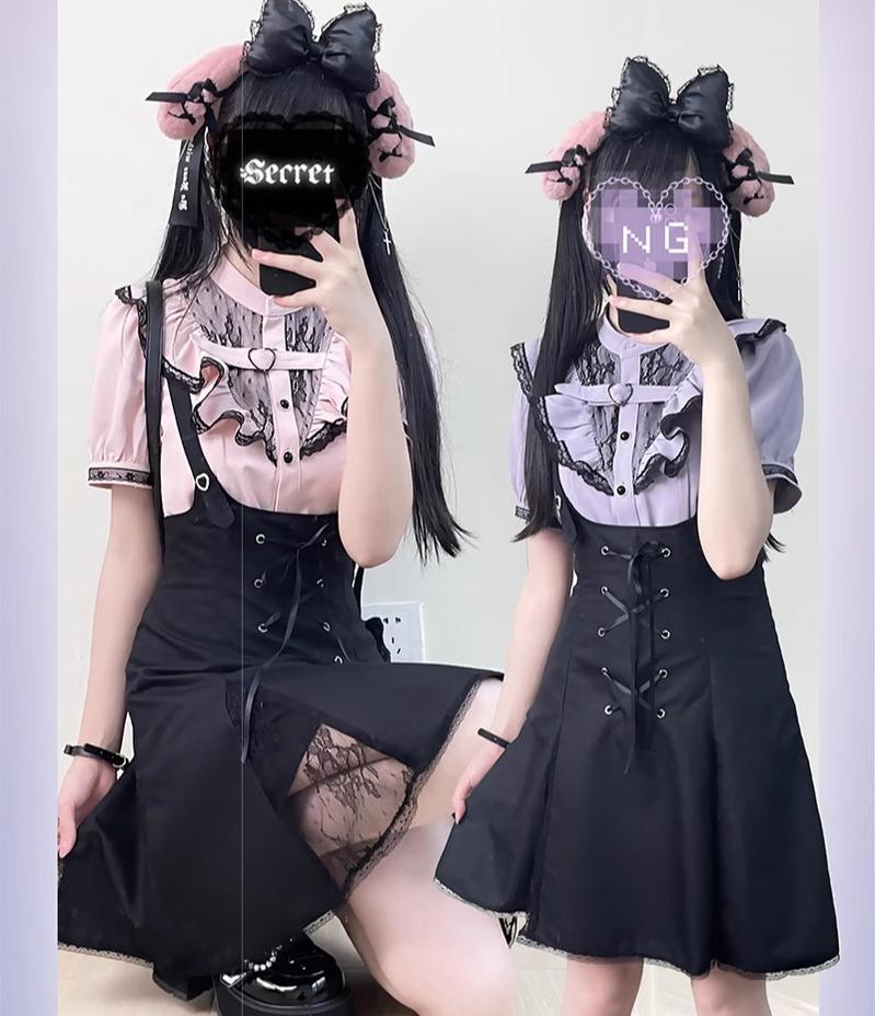 Jirai Kei Bi-color Blouse, Suspender Skirt Set 21976:365228