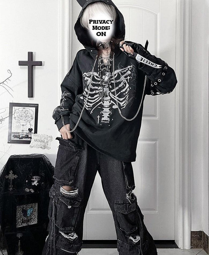 Ribcage Printed Subculture Hoodie, Ear-Accent Hood 44564:815253