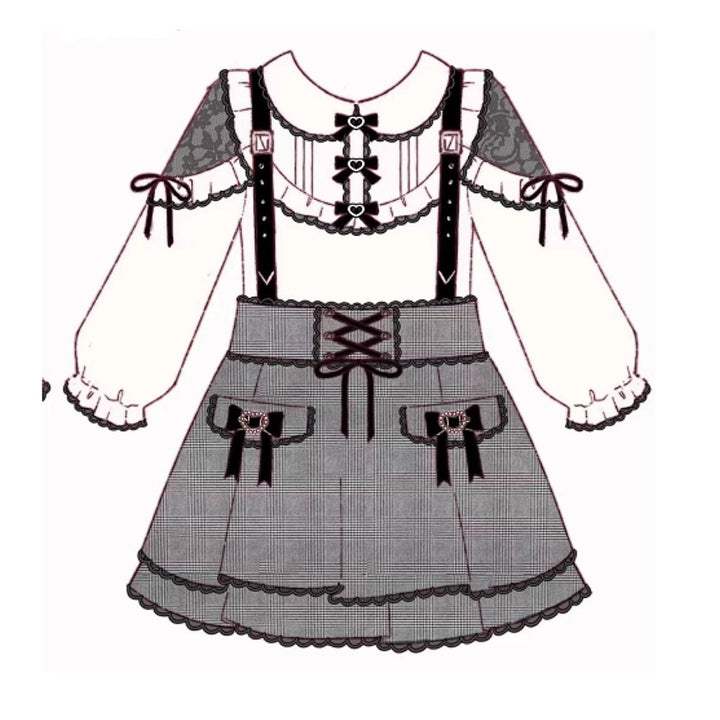 Jirai Kei Blouse White Lace Shirt Plaid Skirt Overall Dress 32960:431856
