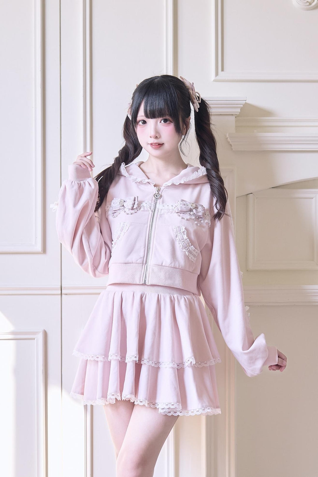 Sport Jirai Kei Hoodie Jacket Pants and Skirt with Lace Detail (Pink / L M) 42521:752319