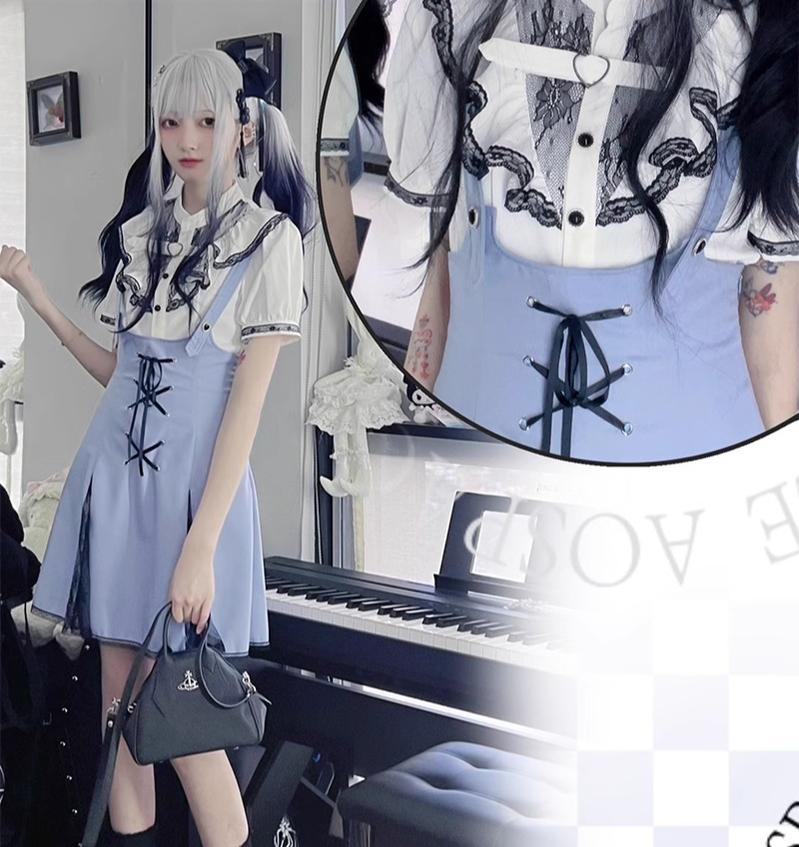 Jirai Kei Bi-color Blouse, Suspender Skirt Set 21976:365294