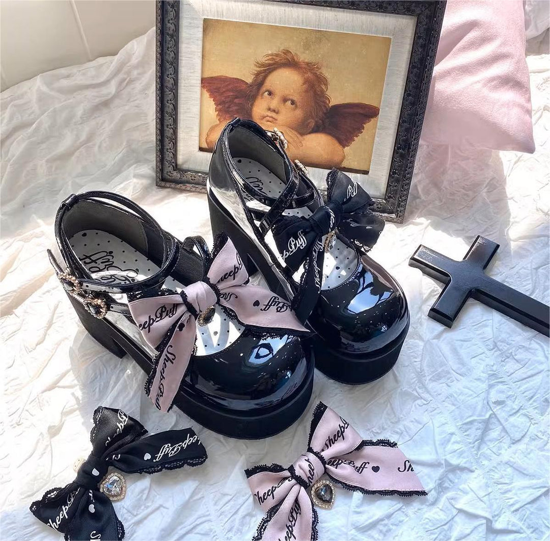 Jirai Kei Shoes Black Pink Platform Shoes Bow Buckle Shoes (34 35 36 37 38 39 40 41 / Black) 21984:351160
