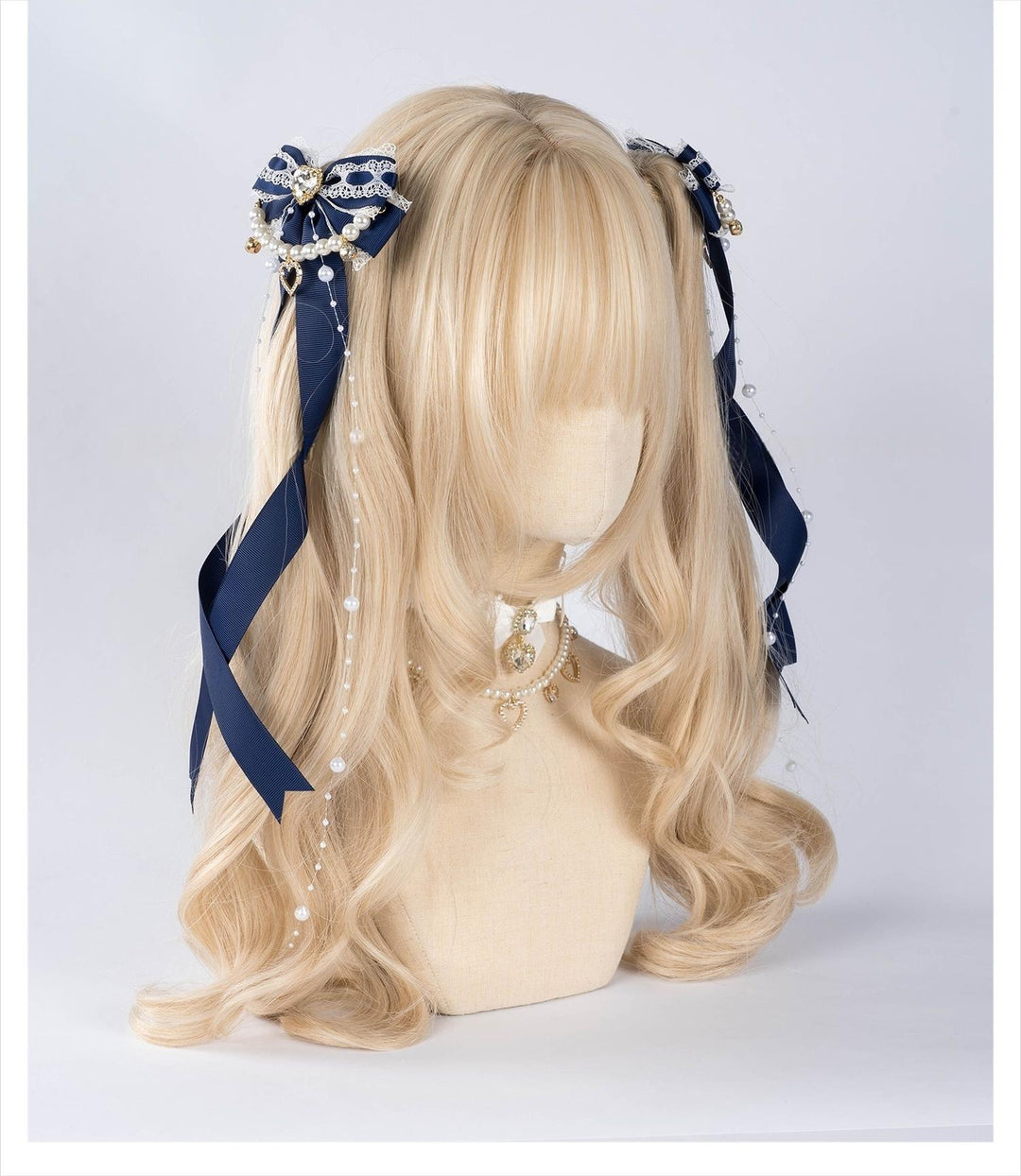Jirai Kei Bow Hair Clip, Heart Rhinestone, Pearl Chain, Lace Trim 43501:778521