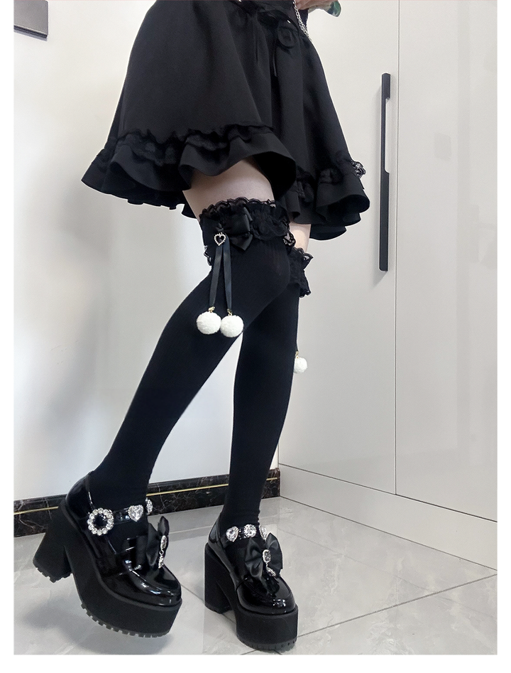 Jirai Kei Knee Socks Lace Bow Pom-Pom Mid-Calf Socks 40886:678960