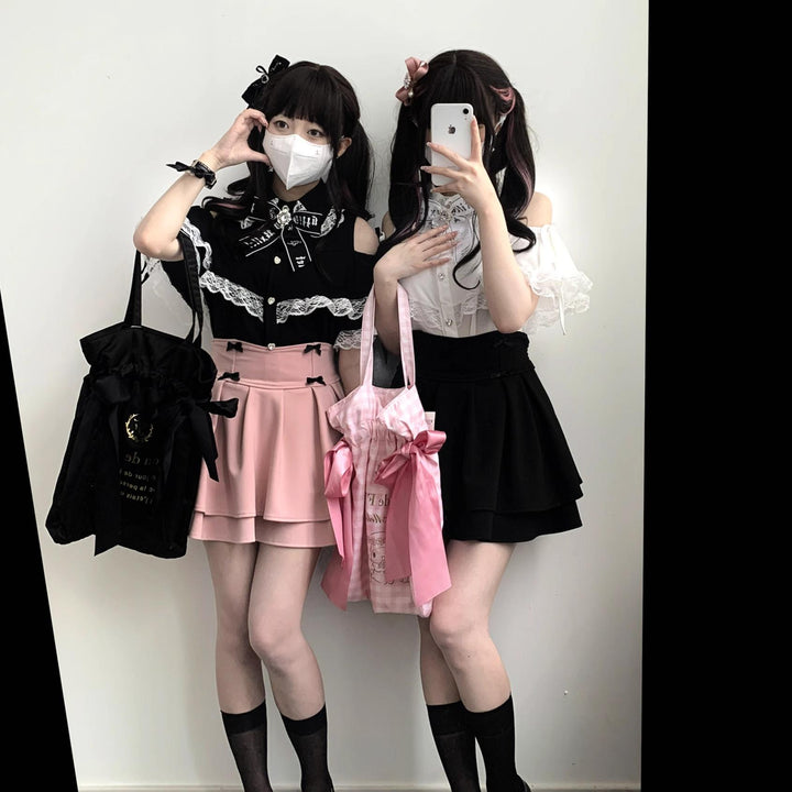 Jirai Kei Shirt Lace Open-shoulder Blouse Short Sleeve Top 36782:537522