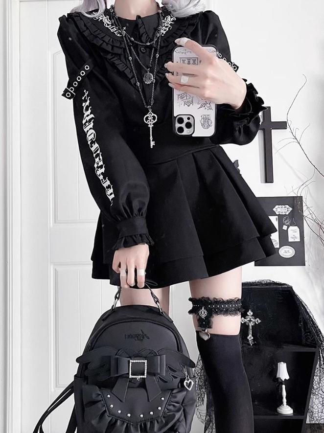 Black/White Jirai Kei Blouse with Skull Print & Peter Pan Collar 42861:758988