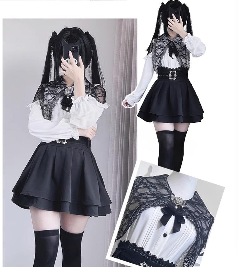Pointed Lace Collar Jirai Kei Blouse & Black Skirt 42949:769841