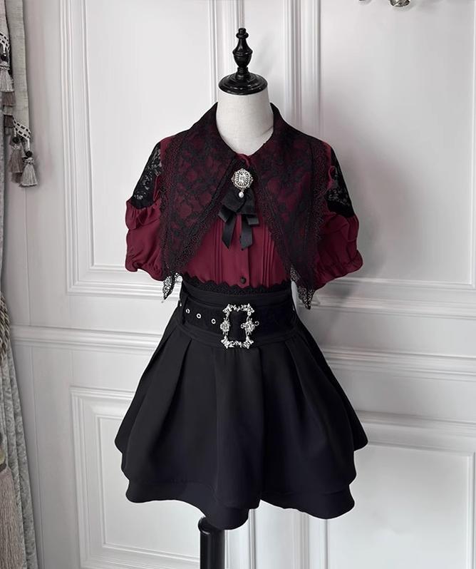 Pointed Lace Collar Jirai Kei Blouse & Black Skirt (2XL L M XL) 42949:769825