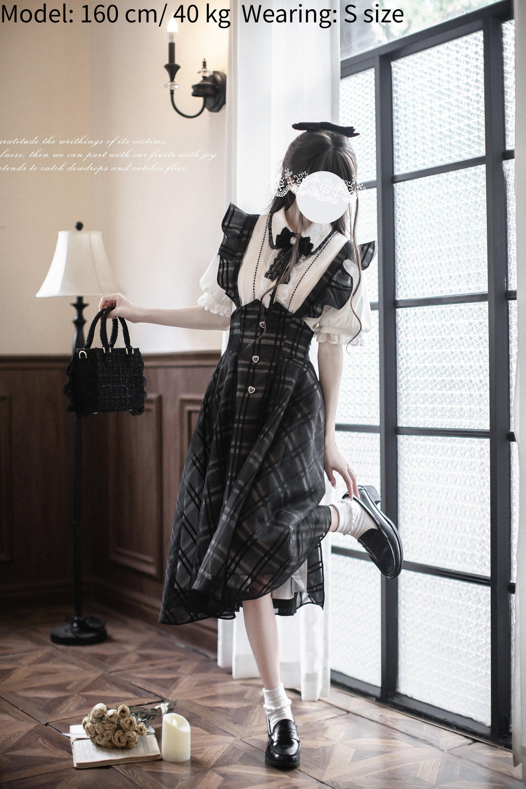 Black Plaid Jirai Kei Suspender Skirt, White Blouse 42918:760681