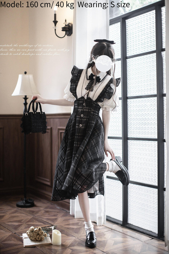 Black Plaid Jirai Kei Suspender Skirt, White Blouse 42918:760681