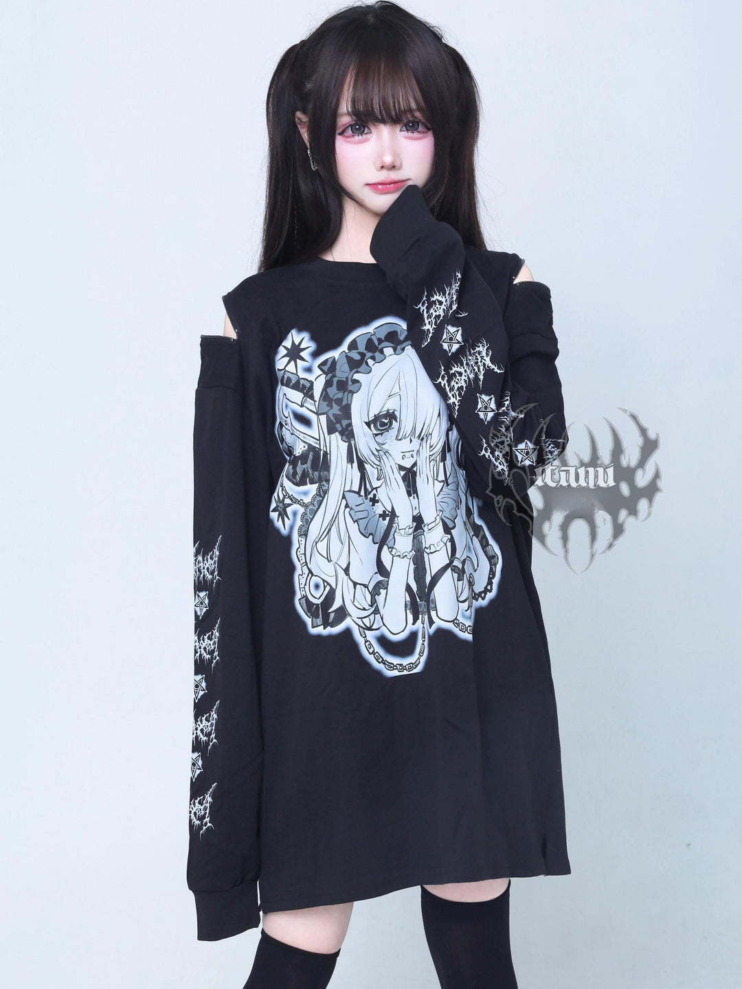 Gothic Long Sleeve Tee, Anime Print and Zipper Shoulder 44521:812672
