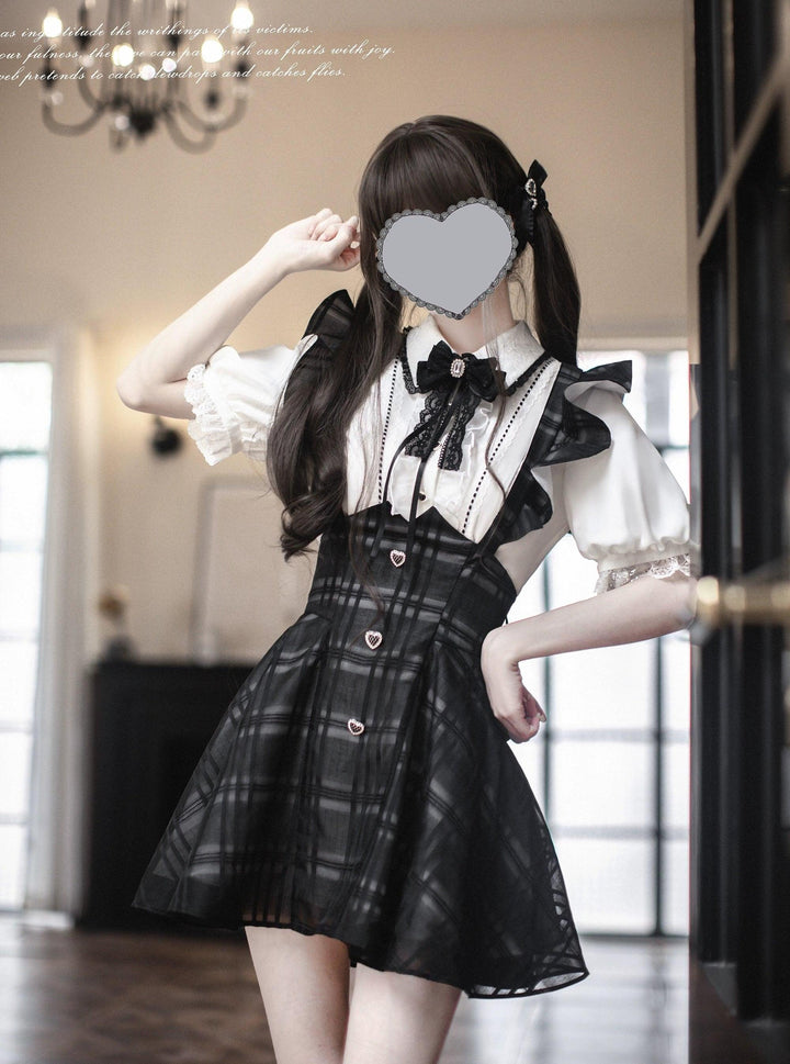 Black Plaid Jirai Kei Suspender Skirt, White Blouse 42918:776034