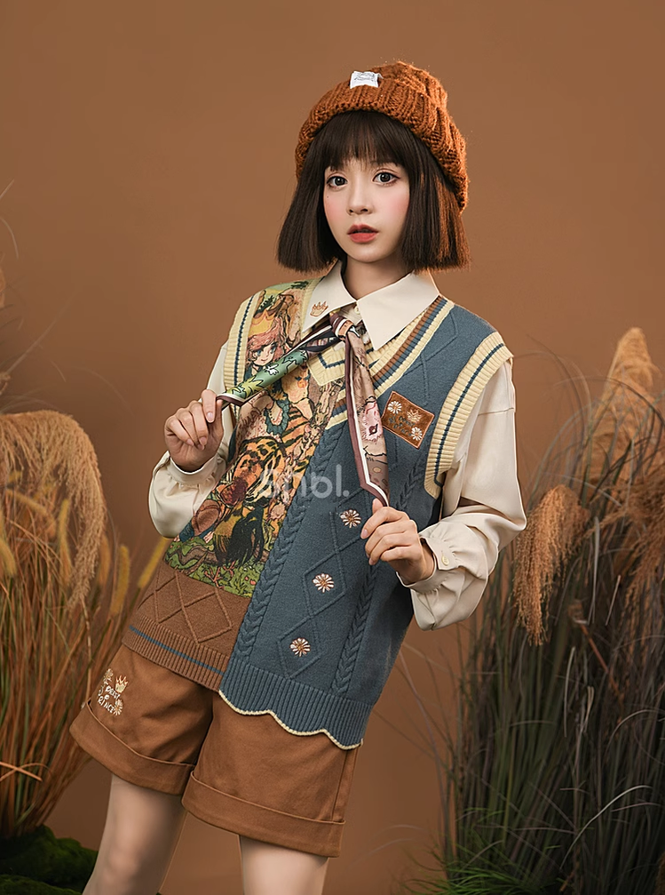 Mori Kei Clothing Set Retro Shirt Academy Vest Casual Shorts 39286:618844