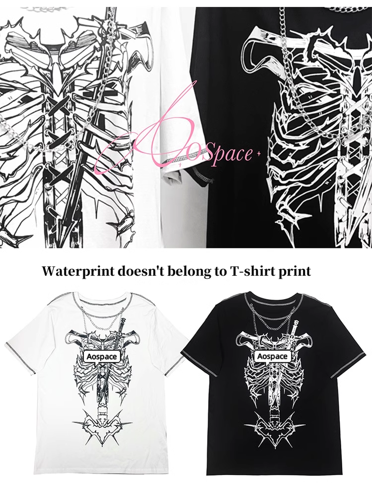 Gothic T-shirt Punk Ribbone Print Top Drop-Shoulder Shirt 39132:614776