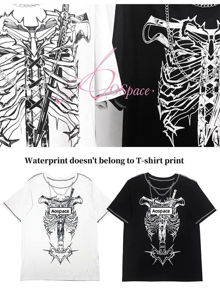 Gothic T-shirt Punk Ribbone Print Top Drop-Shoulder Shirt 39132:614776