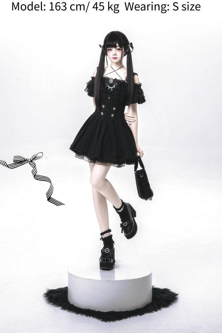 Jirai Kei Skirt Set Open-shoulder Blouse with Heart Bow Tie 42864:755975