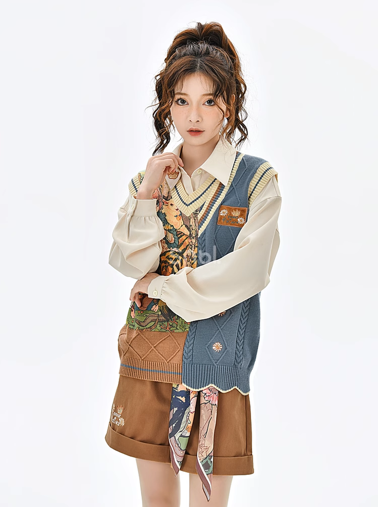 Mori Kei Clothing Set Retro Shirt Academy Vest Casual Shorts 39286:618828
