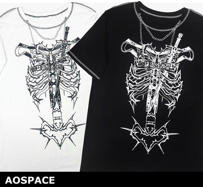 Gothic T-shirt Punk Ribbone Print Top Drop-Shoulder Shirt 39132:614780