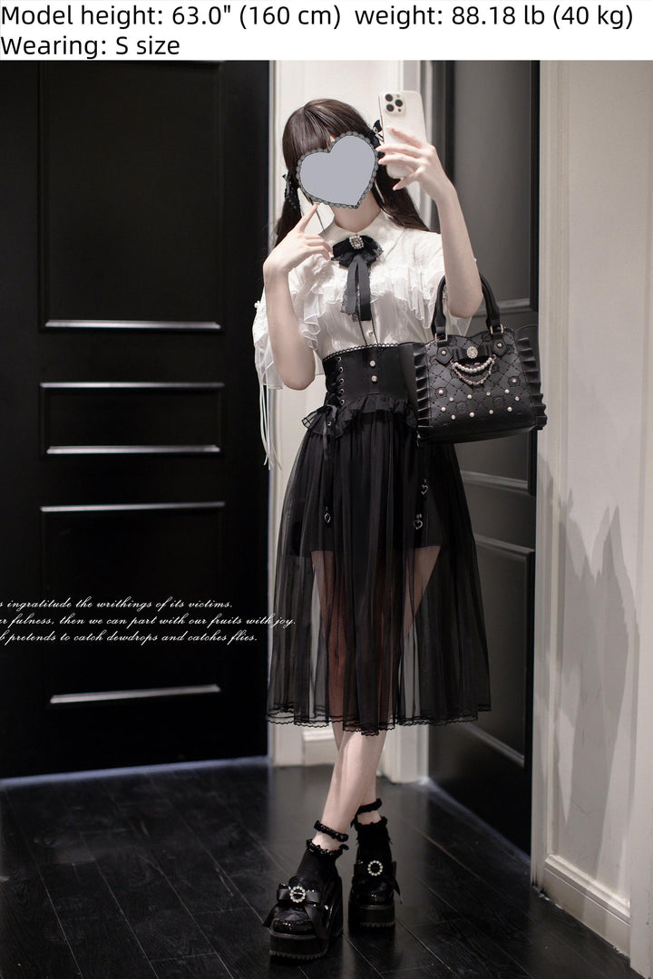 Jirai Kei Cape-Styled Blouse, High-Waist Skirt With Veil Overlay 42919:775529